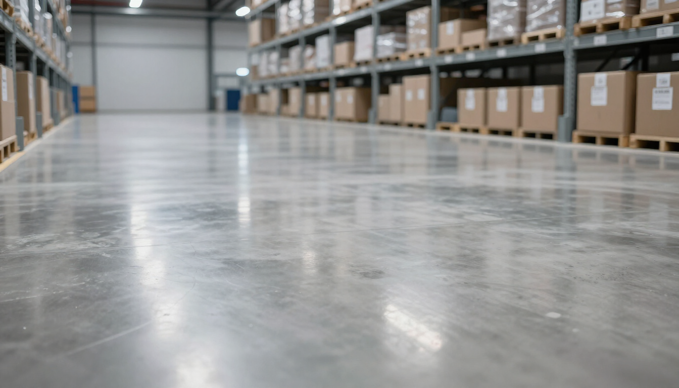Polished commercial concrete floor in a warehouse.