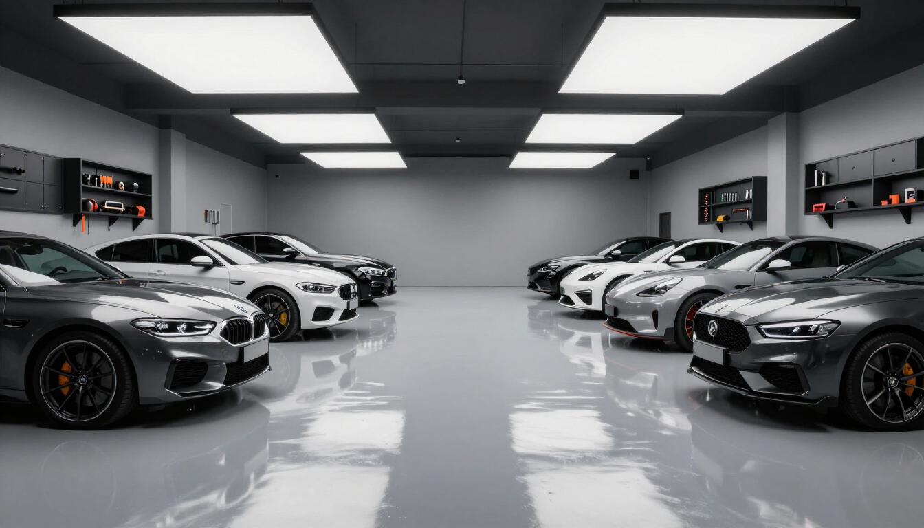 Modern clean garage with shining epoxy floor