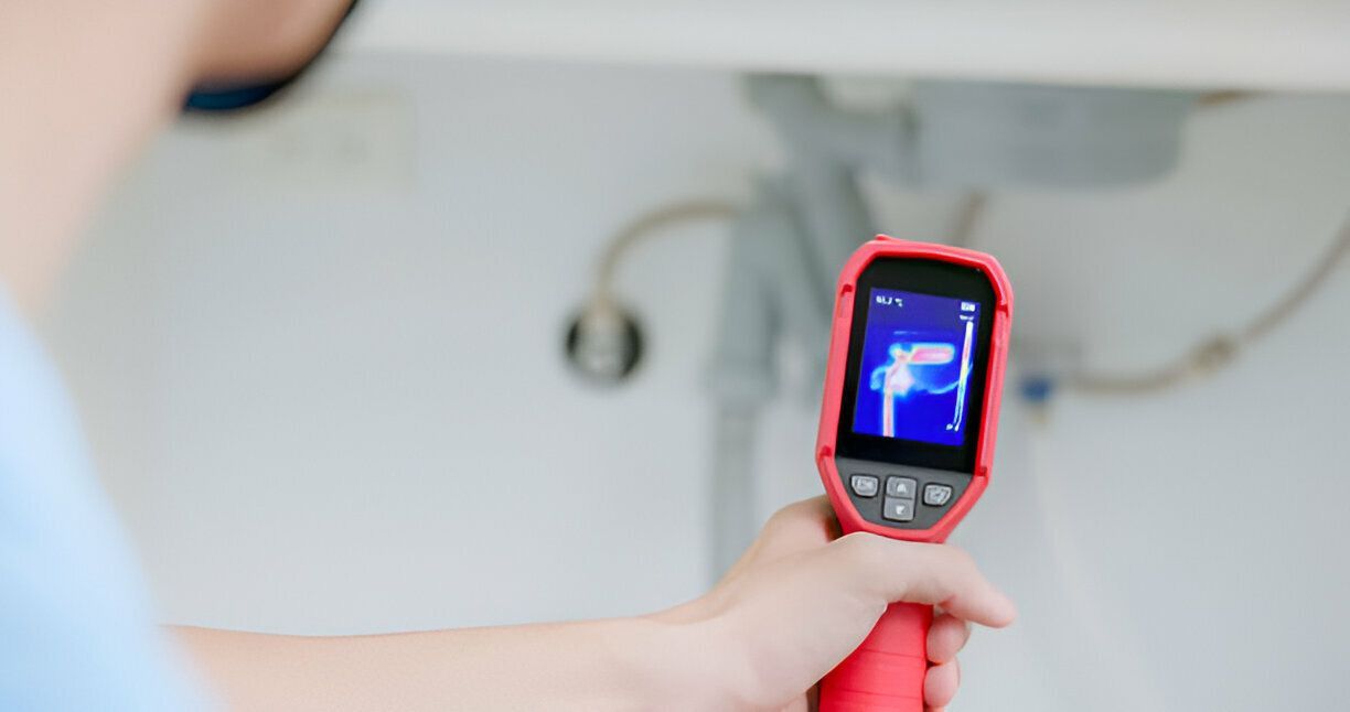 A plumber is using a thermal camera to check the temperature of a sink.