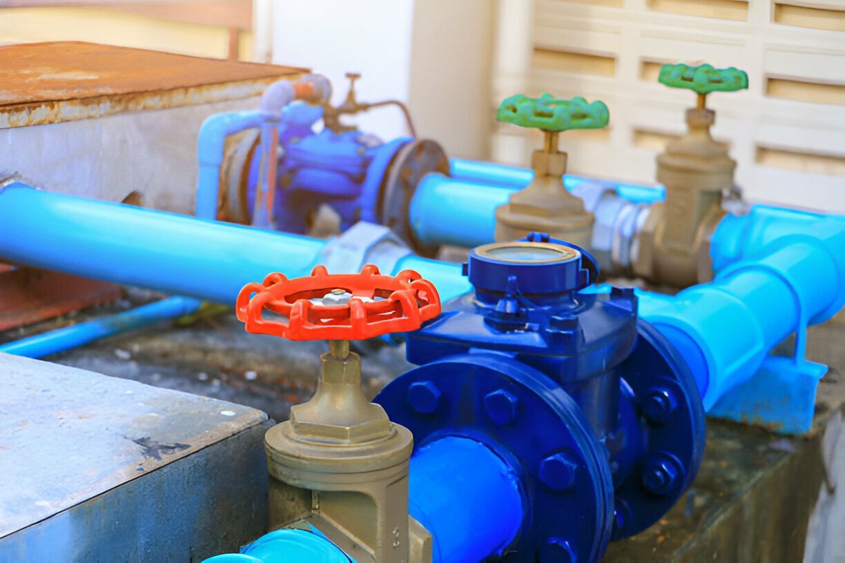 A close up of a water pipe with a red valve on it.