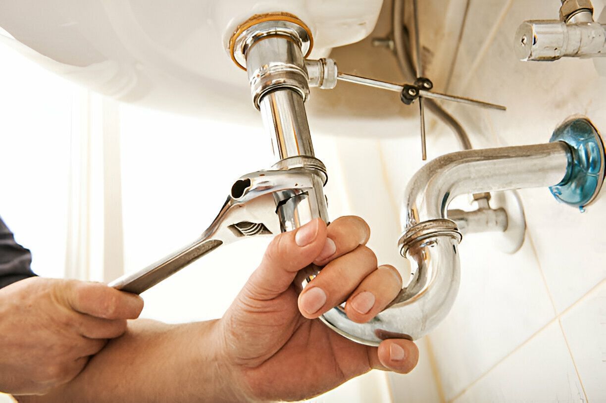 A plumber is fixing a sink pipe with a wrench.