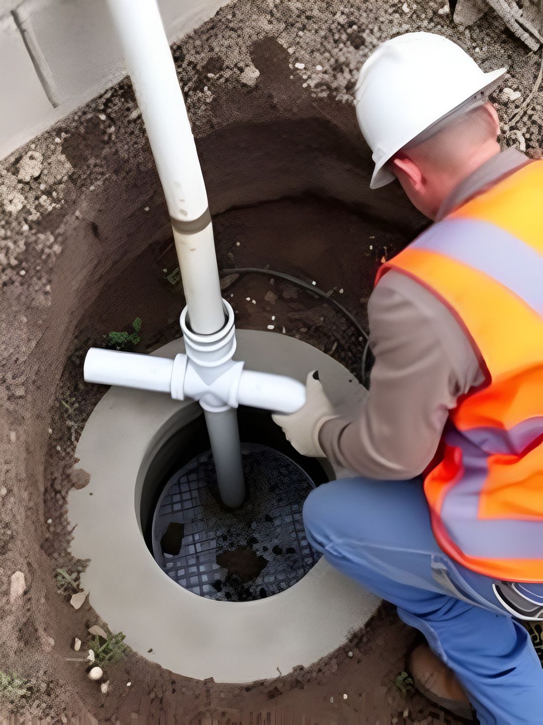 A worker wearing a blue jacket and cap inside a concrete maintenance manhole while working with a suction hose.