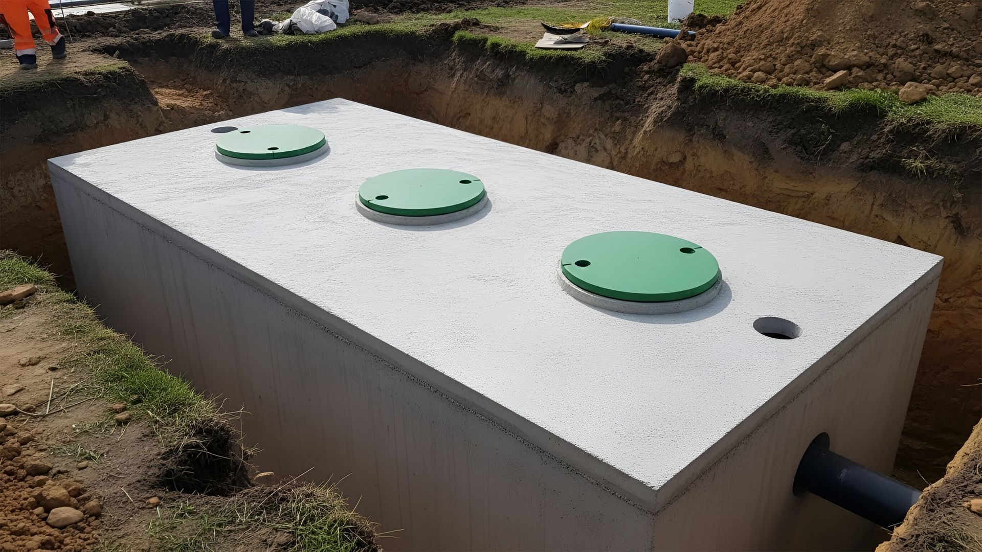 A black, spherical septic tank partially installed in an excavated dirt pit with two pipes extending from its sides.