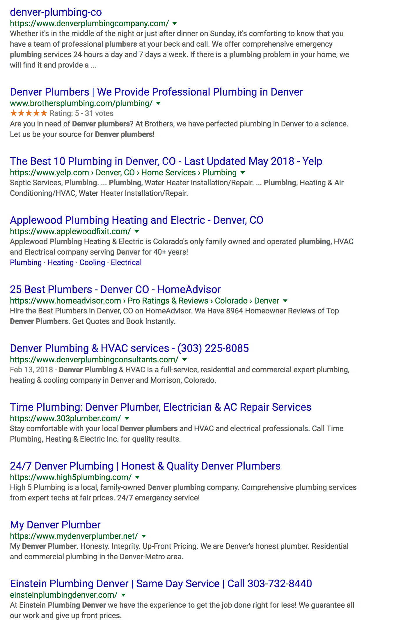 organic search results for plumbers