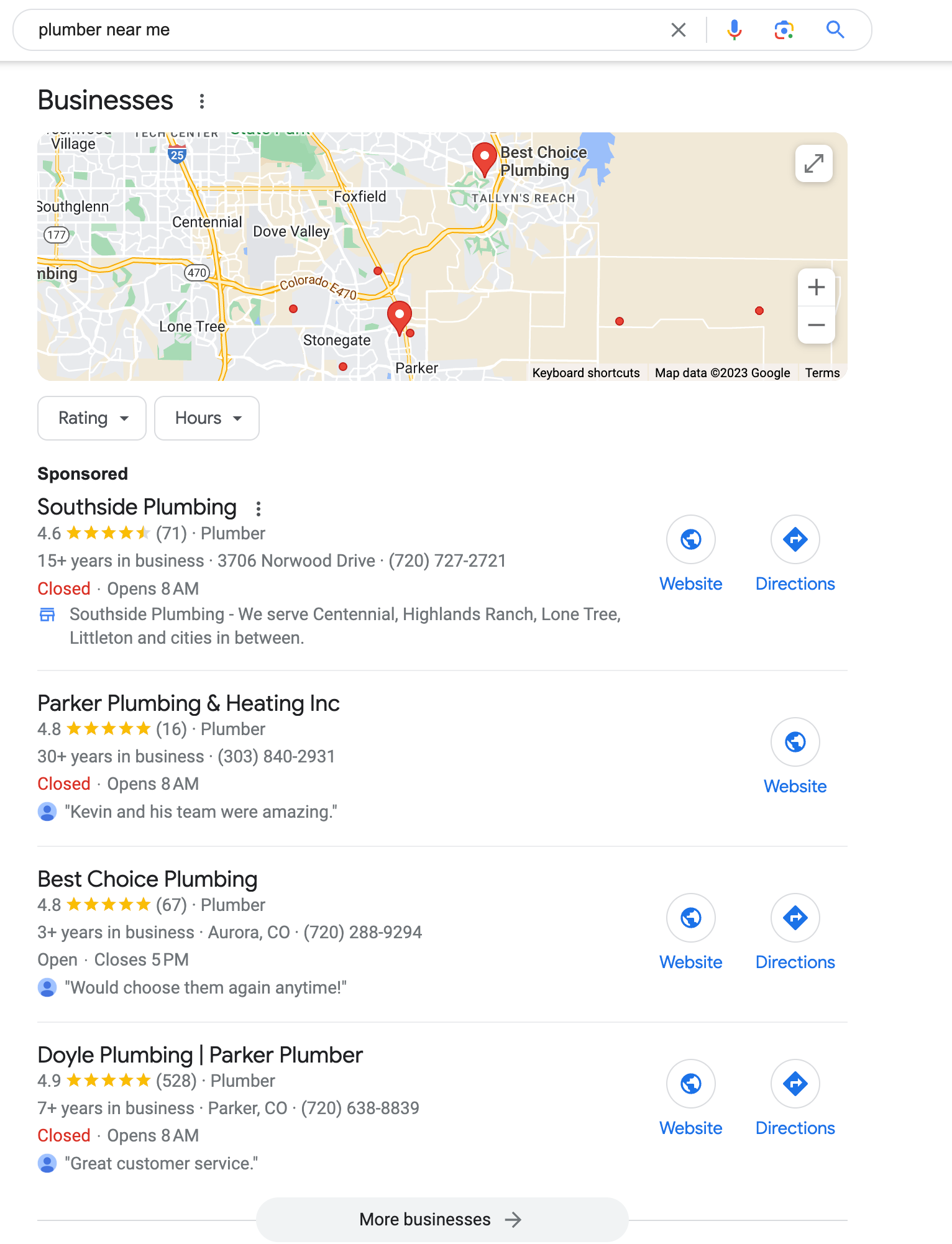 a screenshot of a search for 'plumber near me' before Google SRE
