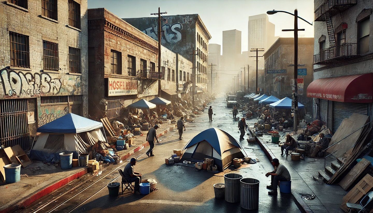 A city street lined with tents and makeshift shelters, featuring scattered debris and several individuals in a hazy light.