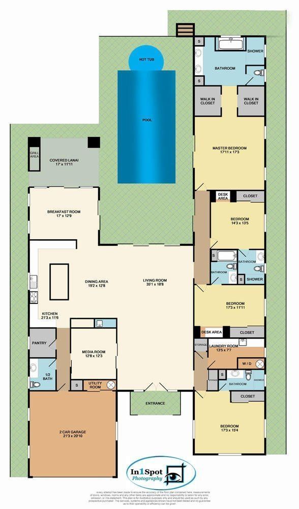 Floor plan of a house with a pool. The layout is color-coded with rooms labeled, including a garage, kitchen, and bedrooms.