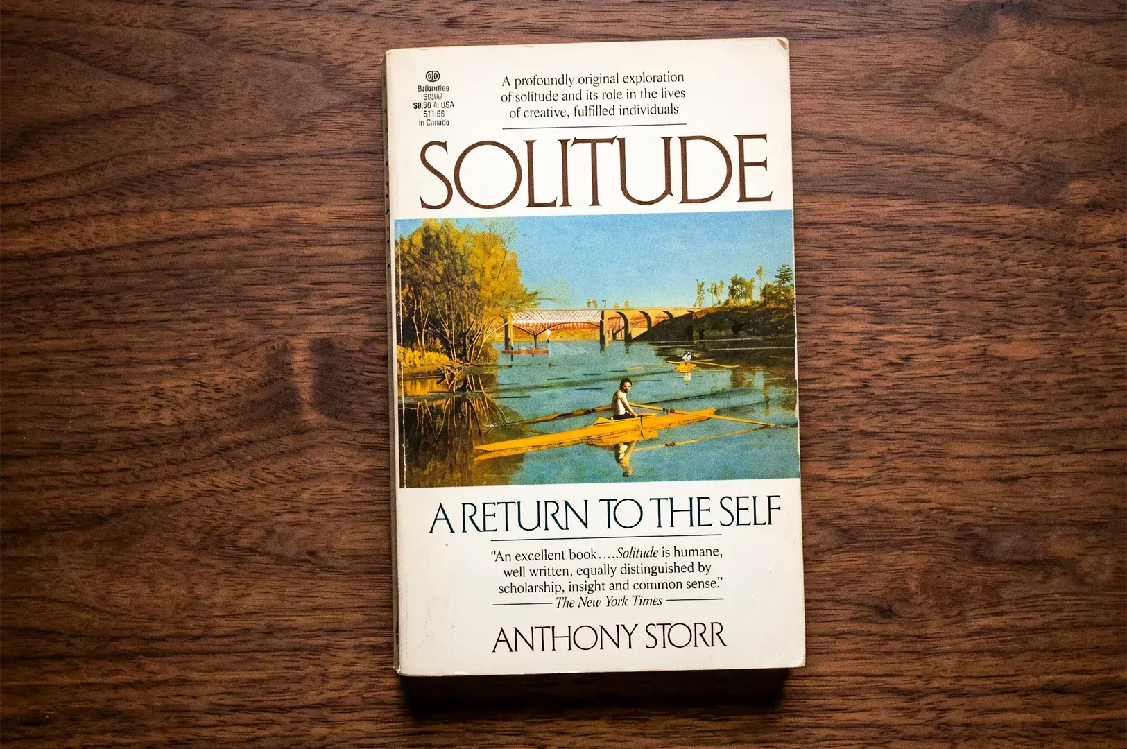 Top-down flat lay shot of “Solitude: A Return to the Self by Anthony Storr” book on a wooden table, 