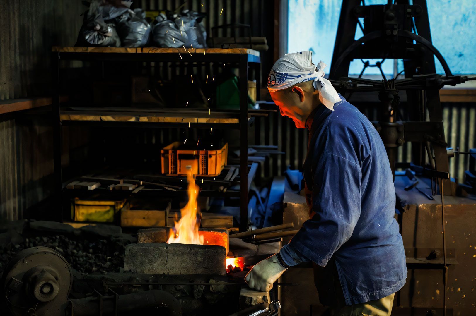 Person working at a forge with flames rising from the furnace inside a workshop.