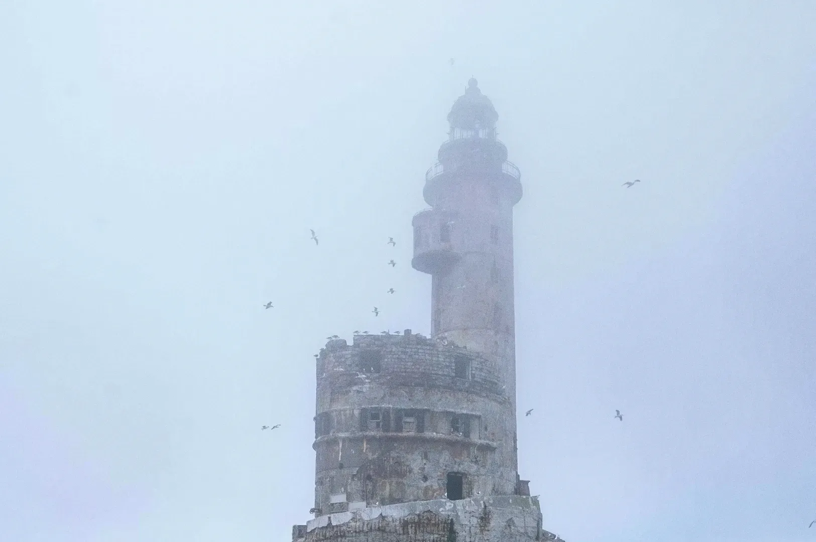 Low-angle shot of an isolated lighthouse in dense fog with birds, symbolizing solitude vs loneliness, inner clarity, and navigating through mental distraction