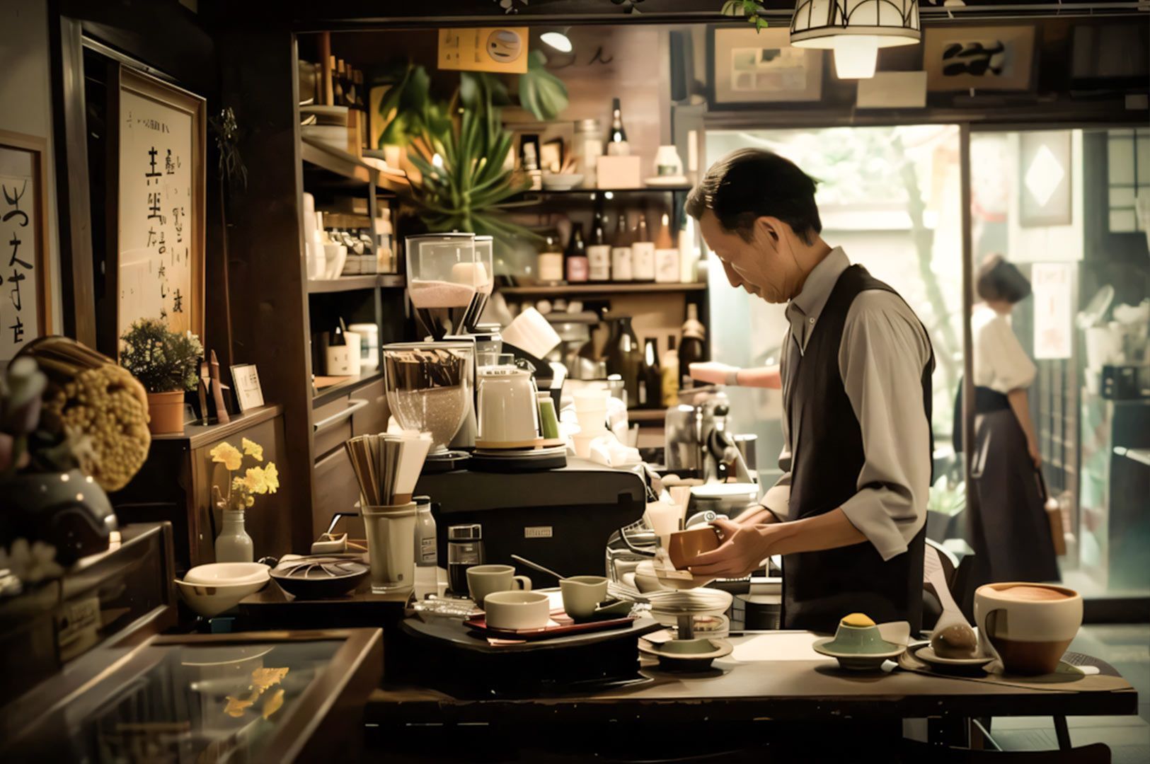 A café worker preparing a cup of coffee behind a counter filled with cups, equipment, and decorative items.