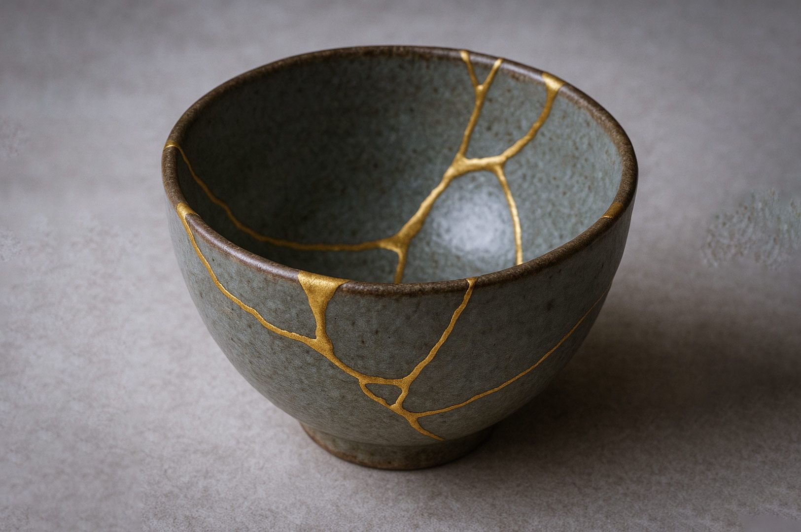 Kintsugi ceramic bowl repaired with gold lacquer, showcasing the Wabi‑Sabi aesthetic of embracing cracks and imperfections.