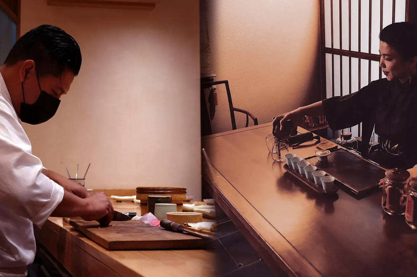 A split-screen view of a chef preparing food and a person performing a tea ceremony with care, illustrating the theme of companionship and standards, and how our chosen company raises our life expectations.