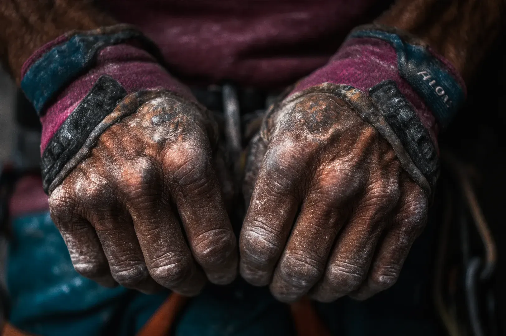 Macro close-up of weathered fists in red-and-blue fingerless gloves, coated with chalk and dirt, symbolizing strength and resilience in manual labor.