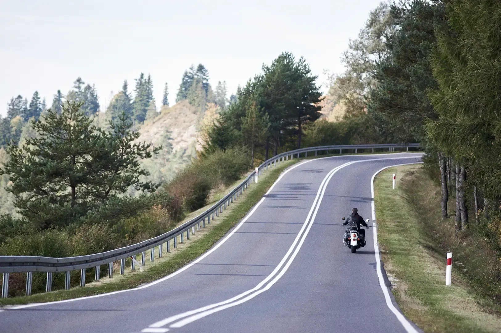 Long shot from a slightly elevated rear angle of a lone motorcyclist riding along a winding two‑lane mountain road surrounded by trees, symbolizing freedom, solitude, and a reflective journey.