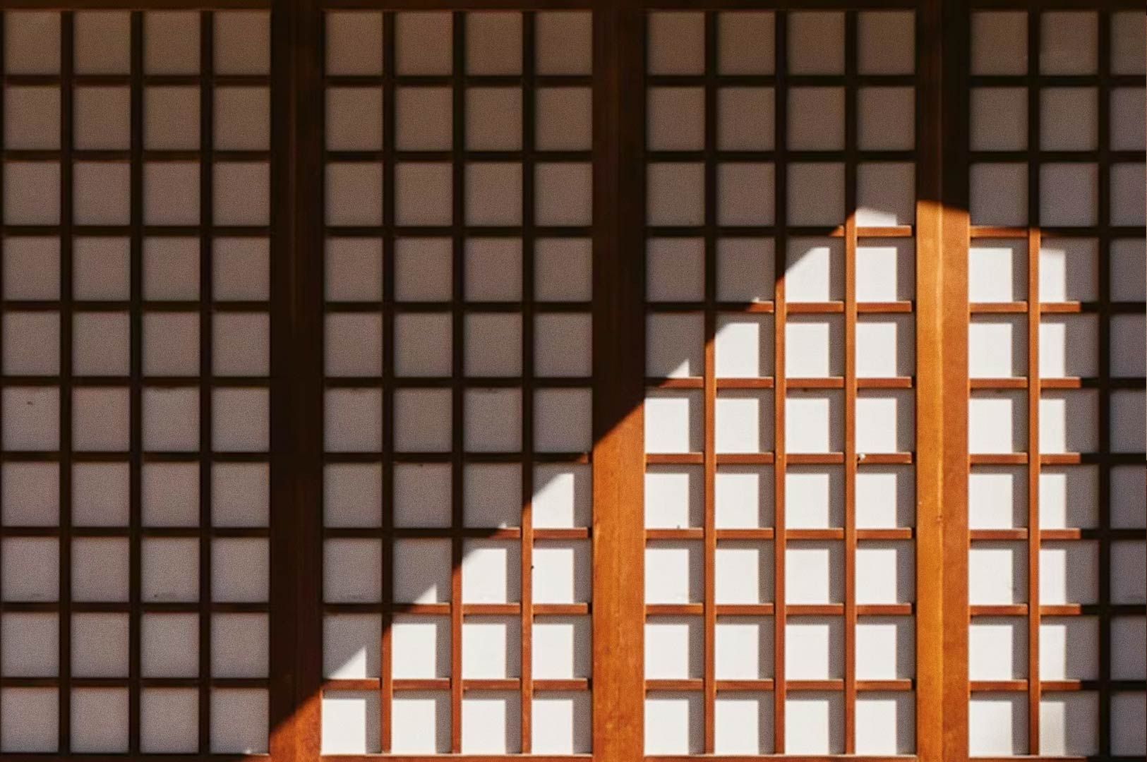 Wooden shoji-style sliding doors with a grid pattern lit by a diagonal beam of sunlight casting a sharp contrast across the panels.
