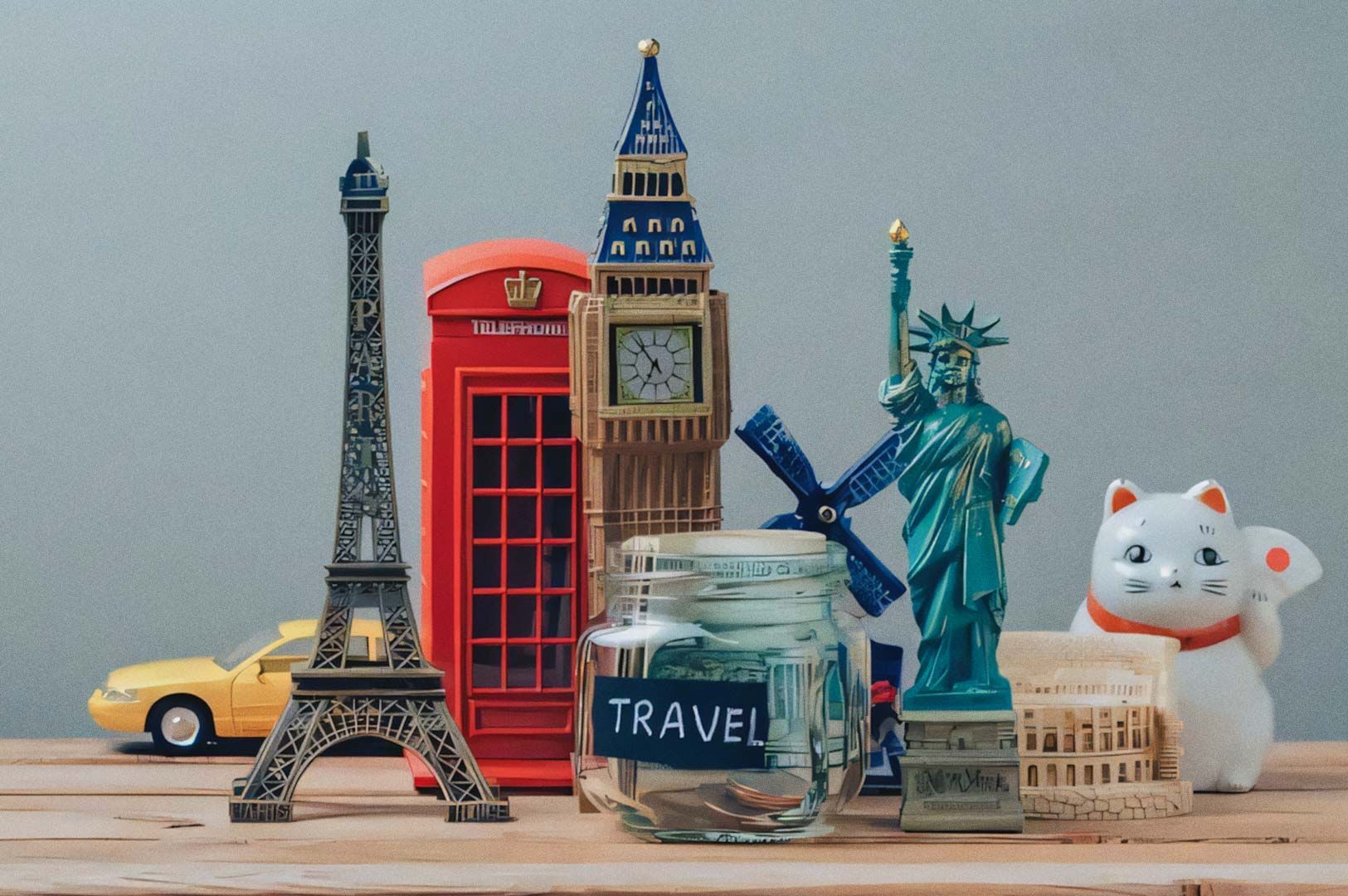 Collection of miniature landmarks like Eiffel Tower, Statue of Liberty, Big Ben, and a jar labeled TRAVEL filled with money.