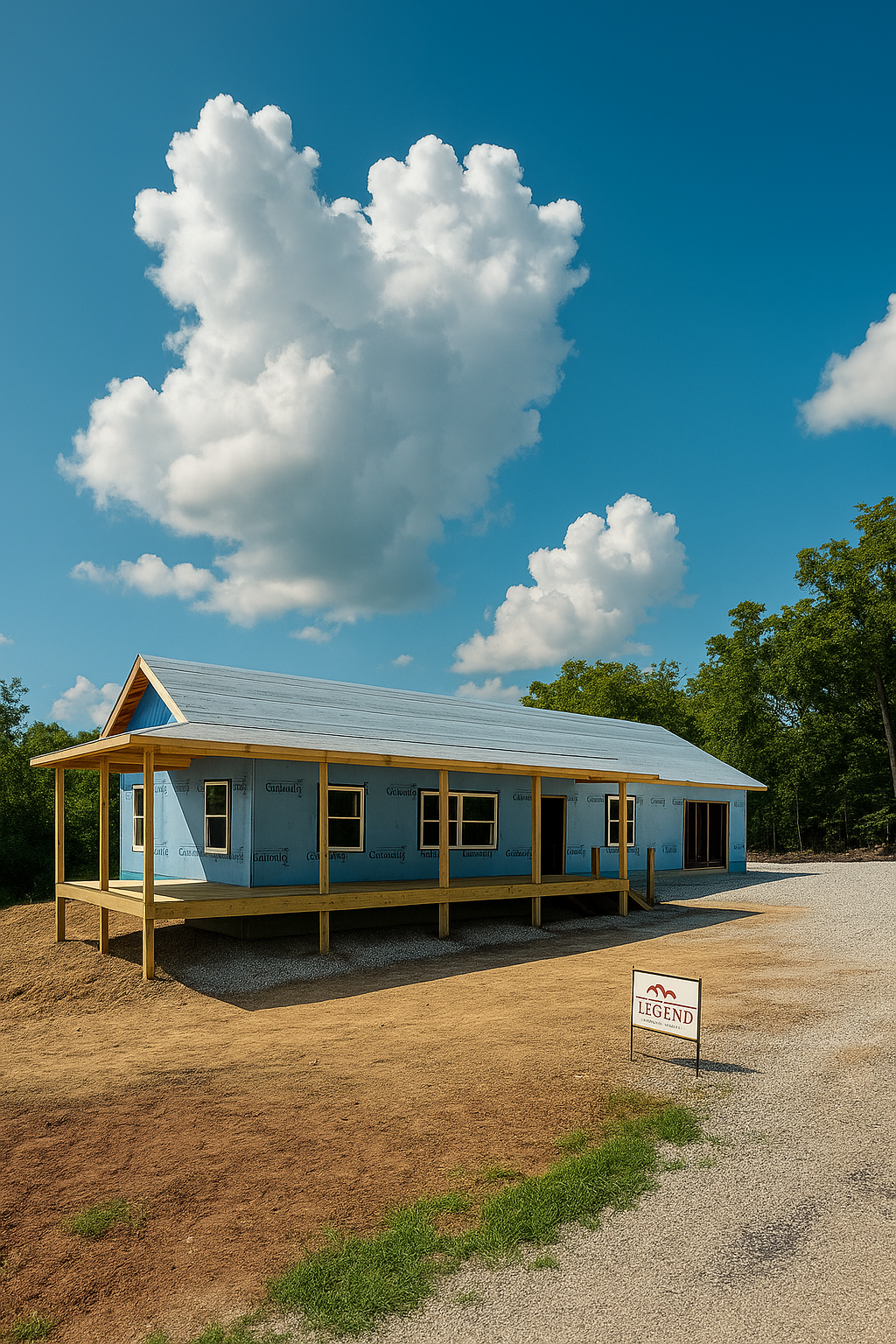 A house is being built in the middle of a dirt field.