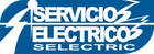 Logotipo con las palabras “SERVICIO ELECTRICO SELECTRIC” en color blanco sobre fondo azul, con diseños de rayos.