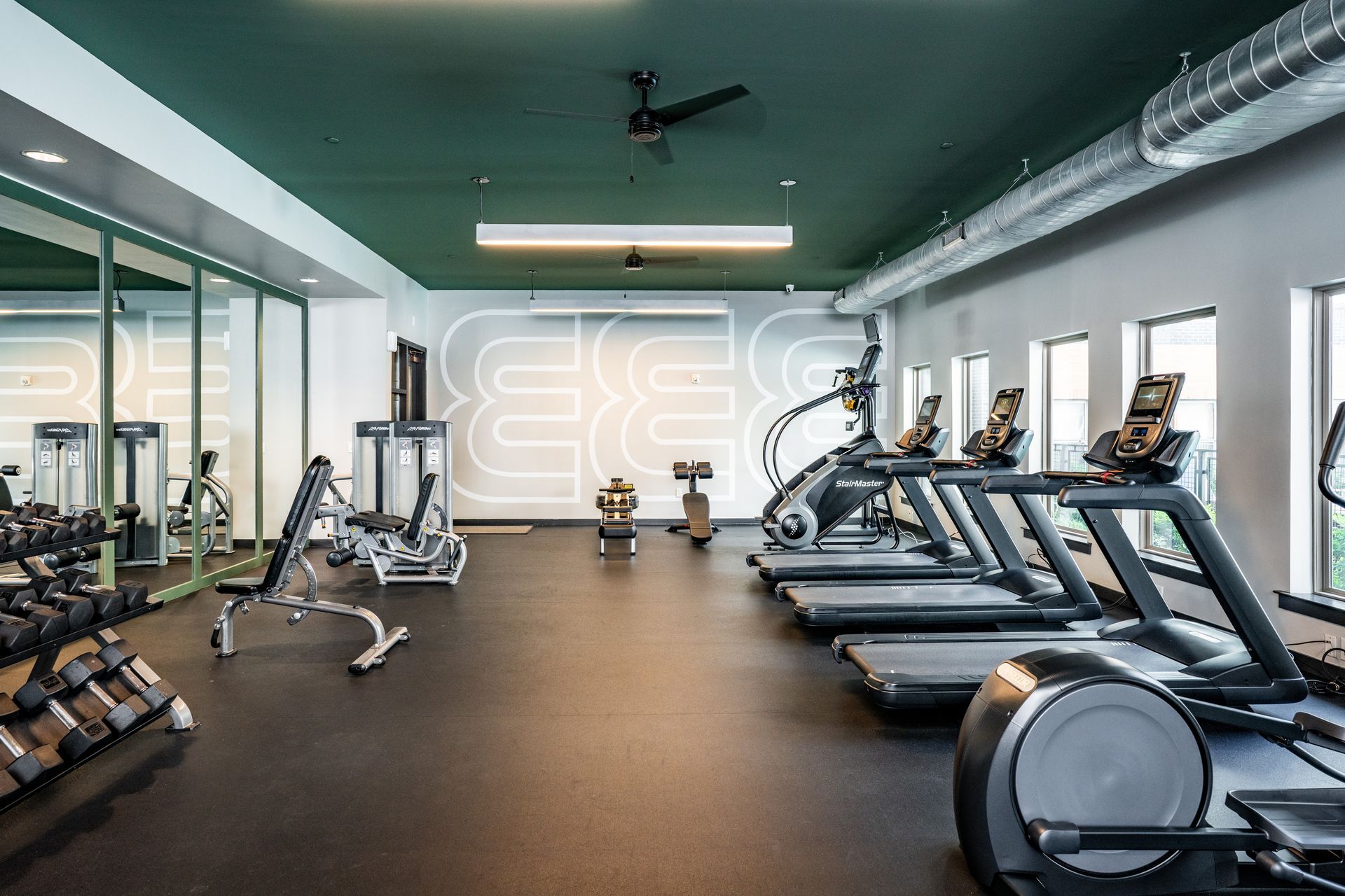 Gym interior with treadmills, weight machines, weights, and a dark green ceiling.