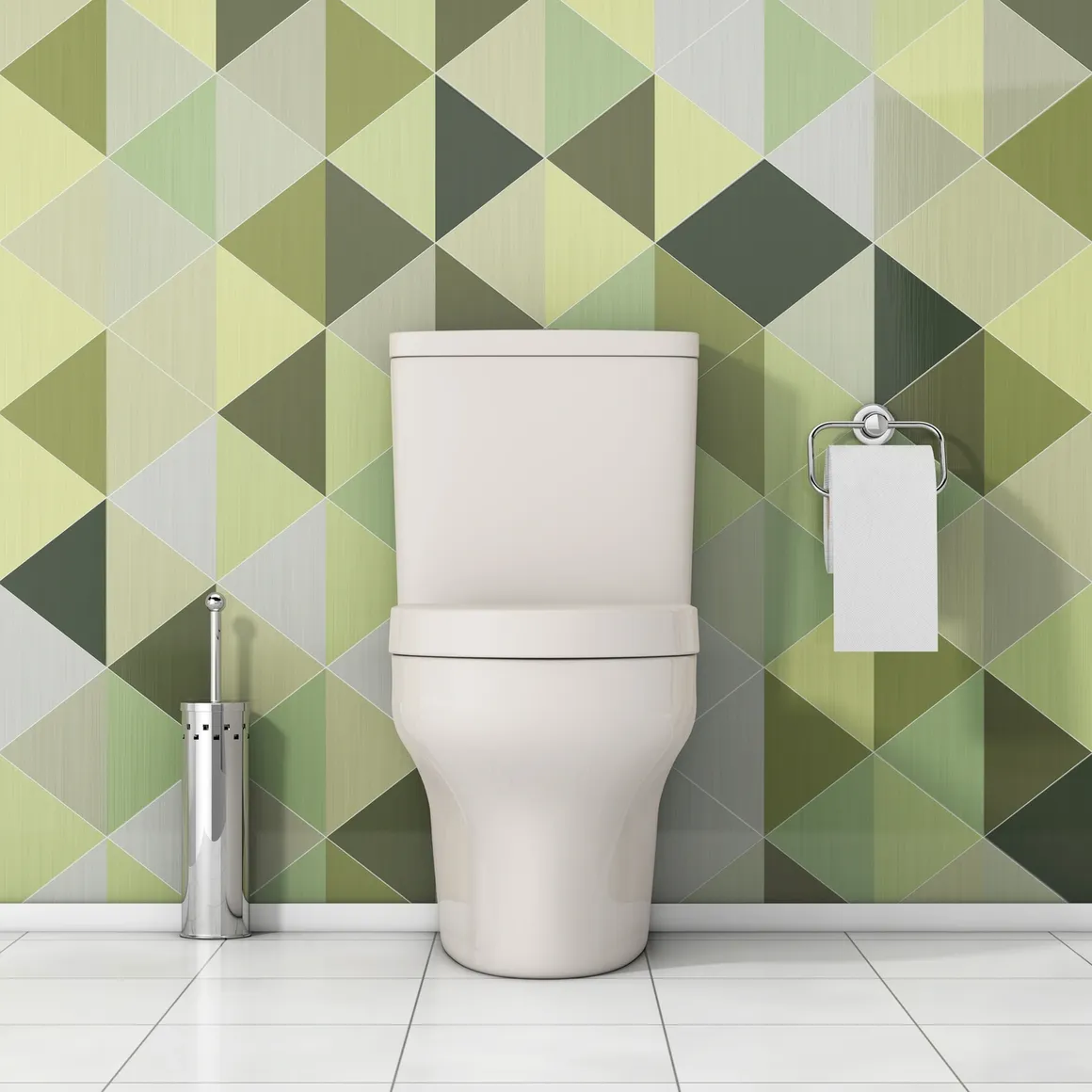 A toilet in a bathroom with green geometric wallpaper