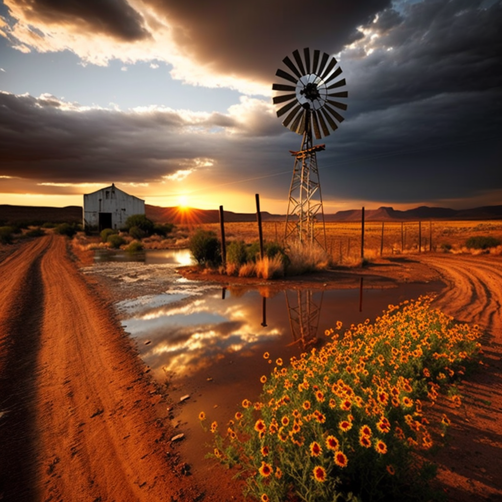 A windmill in the middle of a dirt road at sunset