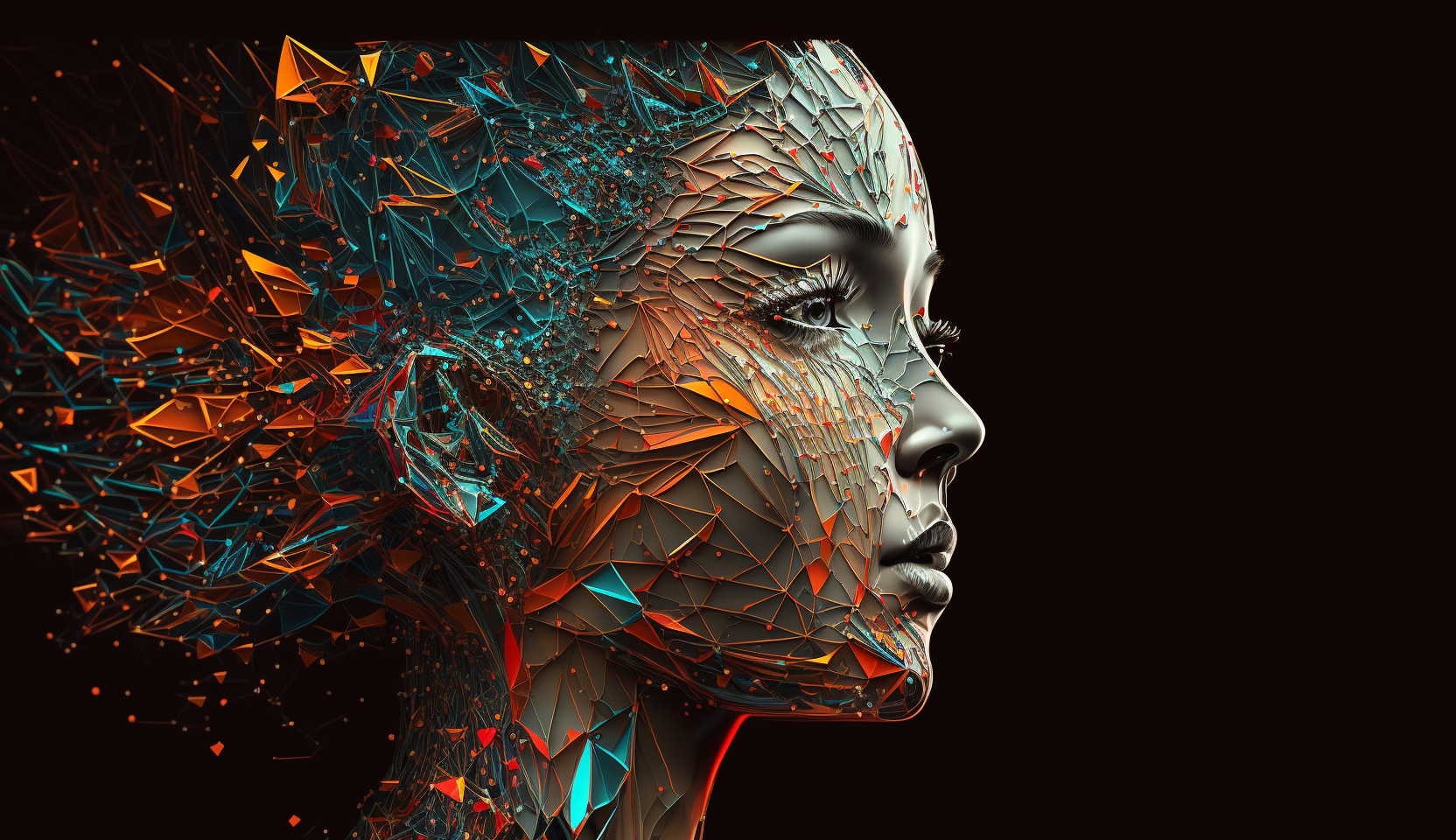 It looks like a painting of a woman 's face with a lot of triangles coming out of it.