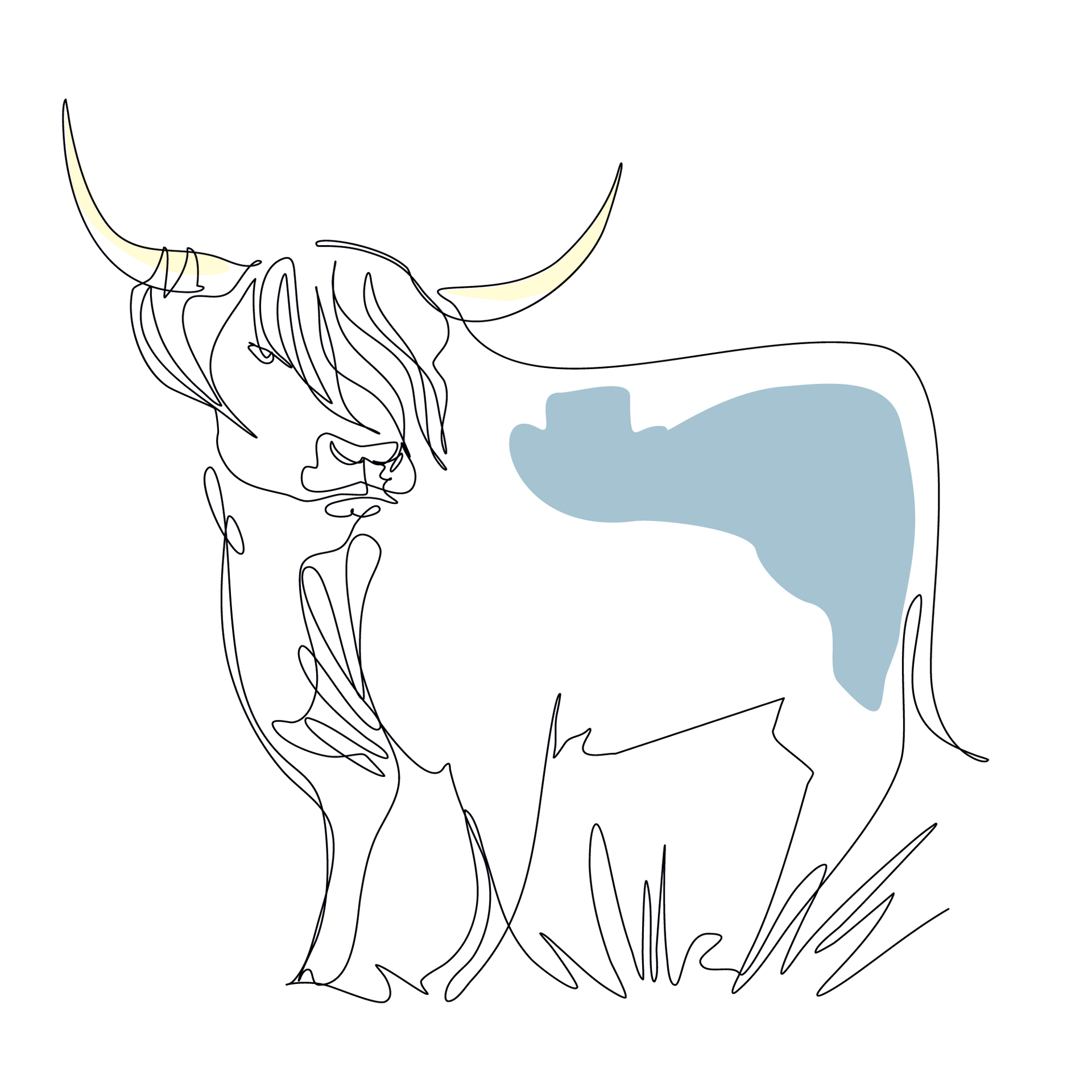 A drawing of a cow with horns and a blue spot on its back