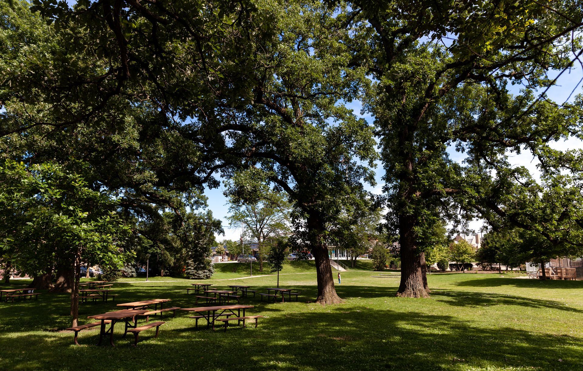 A family walks down a sidewalk in a residential neighborhood lined with trees and suburban houses.