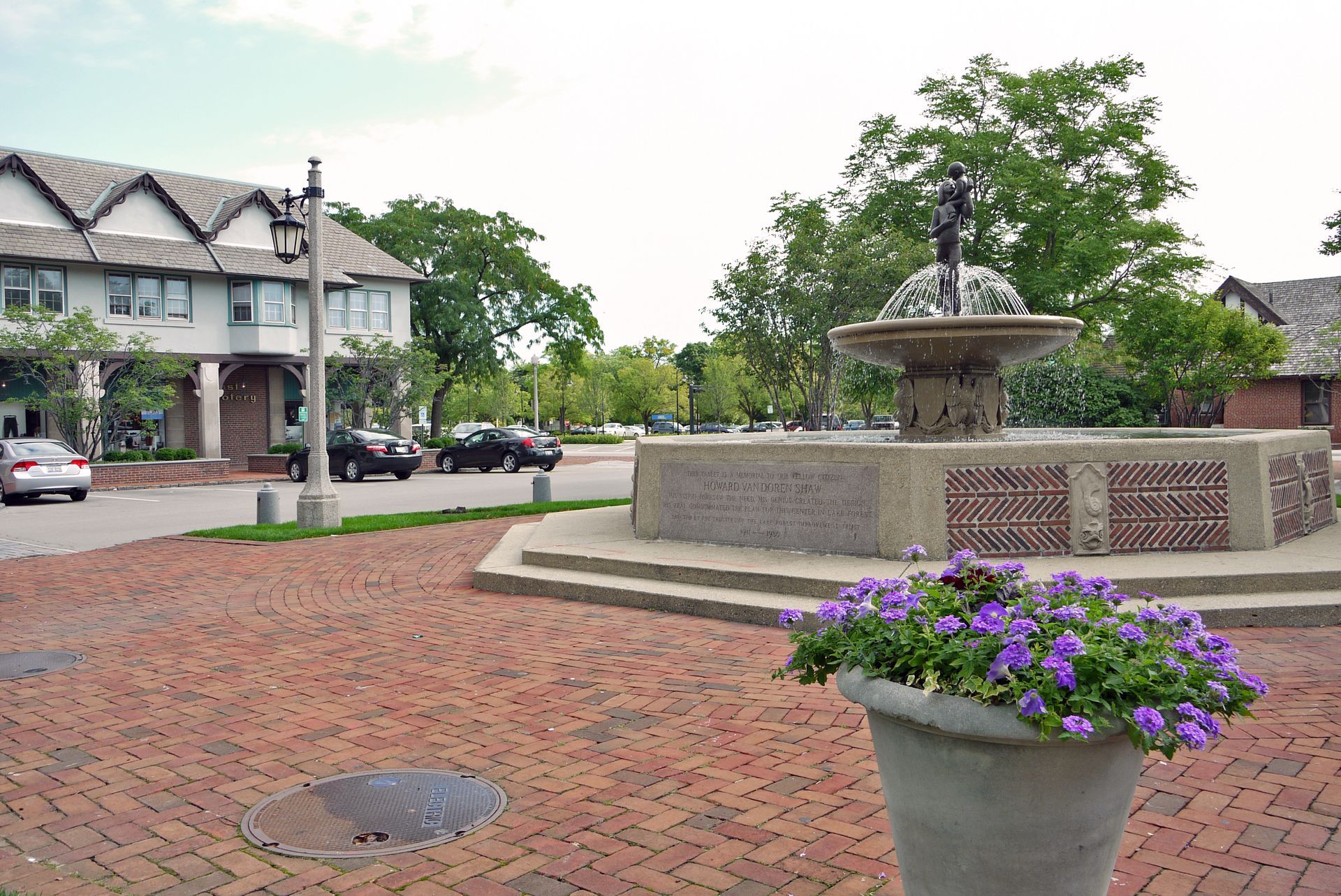 A quiet residential street lined with houses, lush green lawns, and tall, leafy trees under a bright sky.