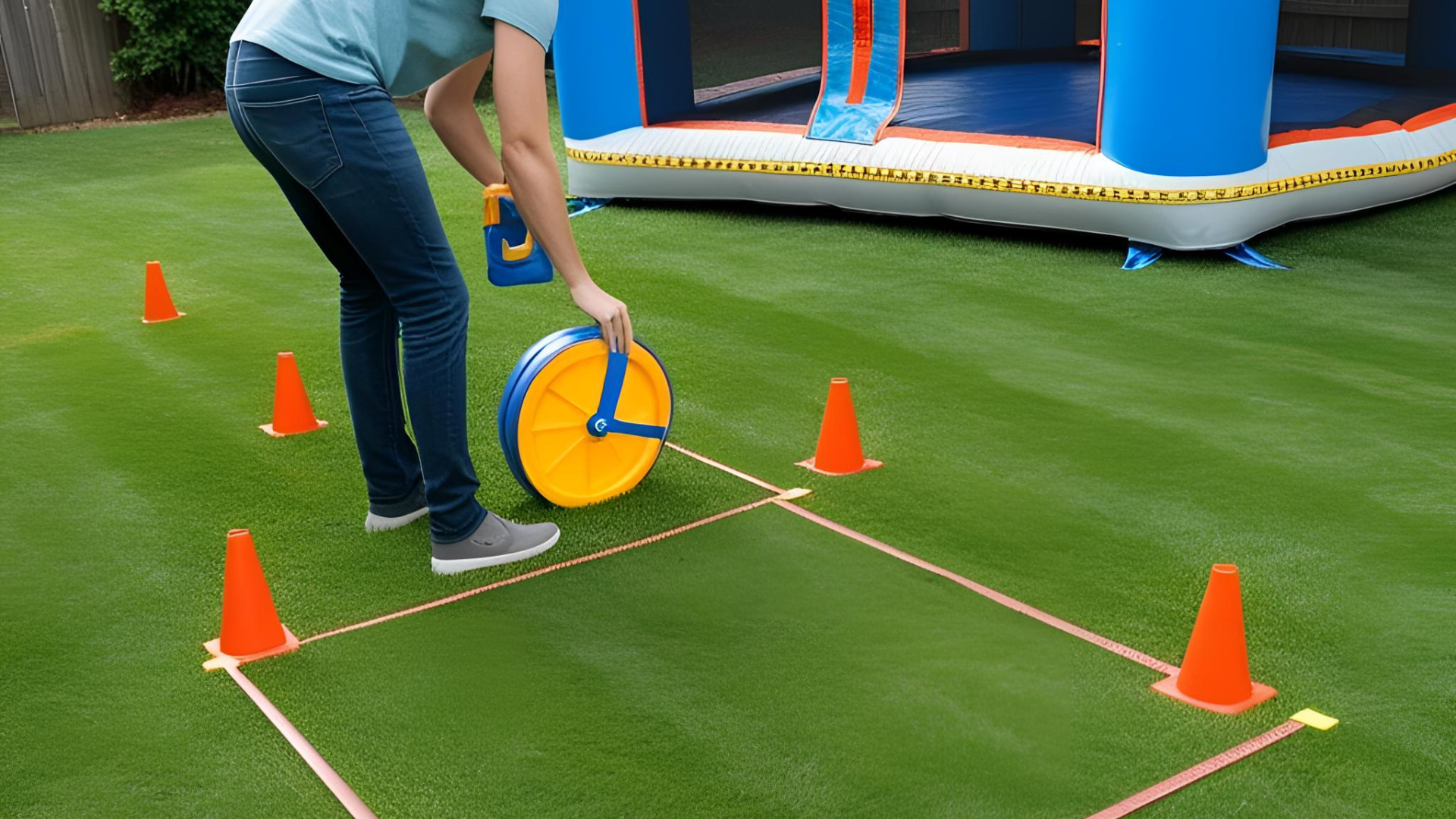 A person is playing a game in front of a bouncy house.