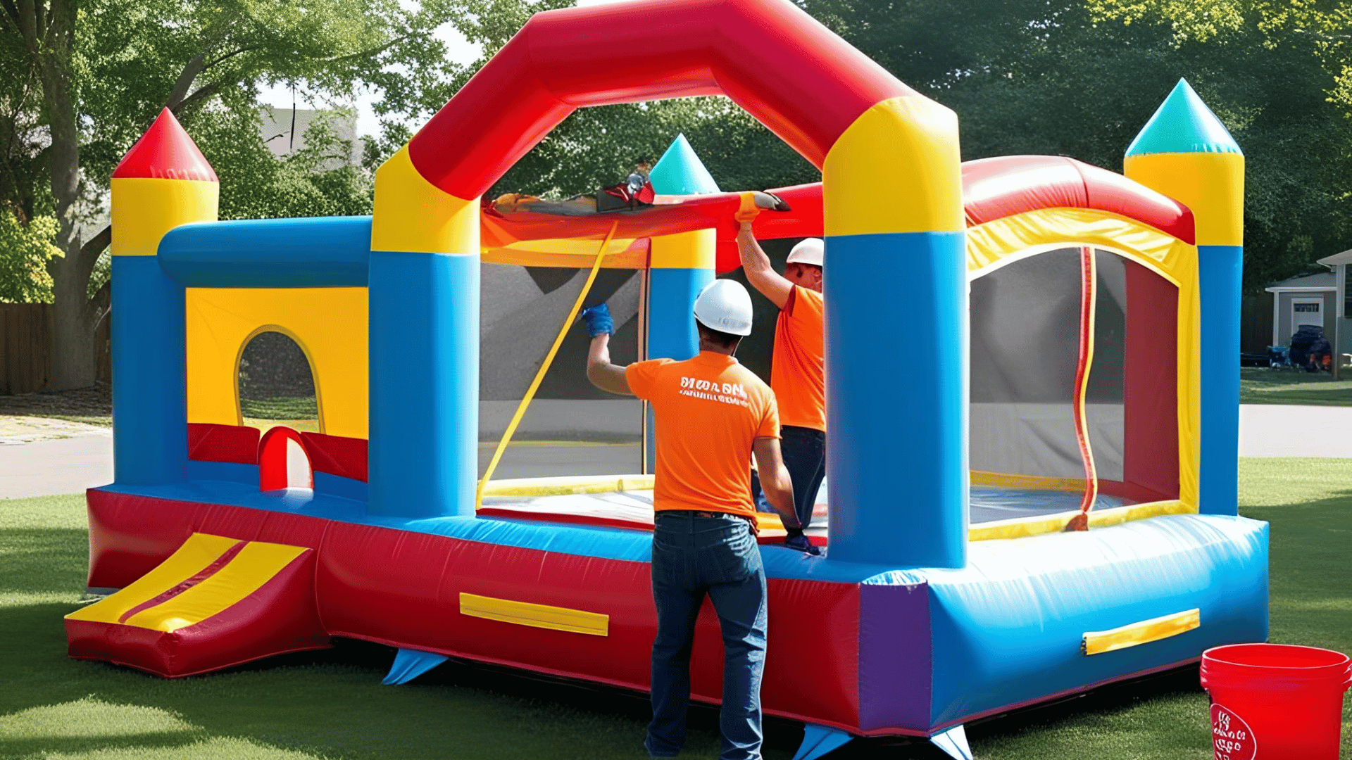 A man in an orange shirt is working on a bouncy house