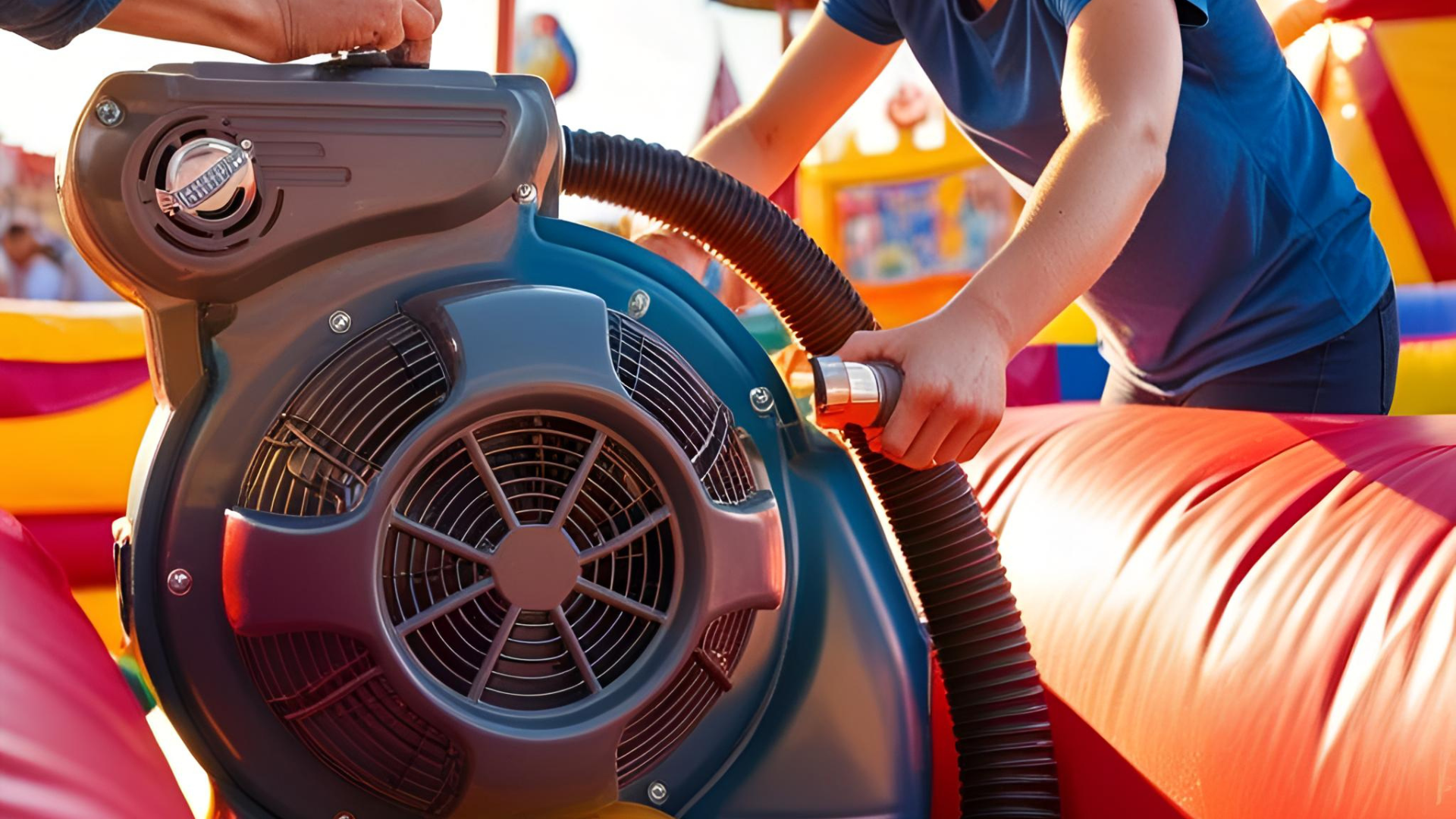A person is using a vacuum cleaner to blow up a bouncy house.