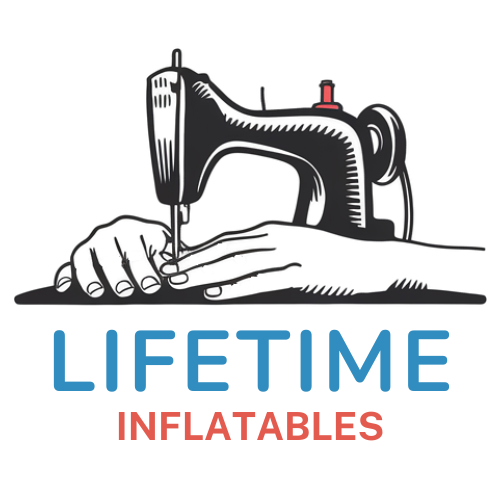 A colorful logo for lifetime inflatables on a white background.