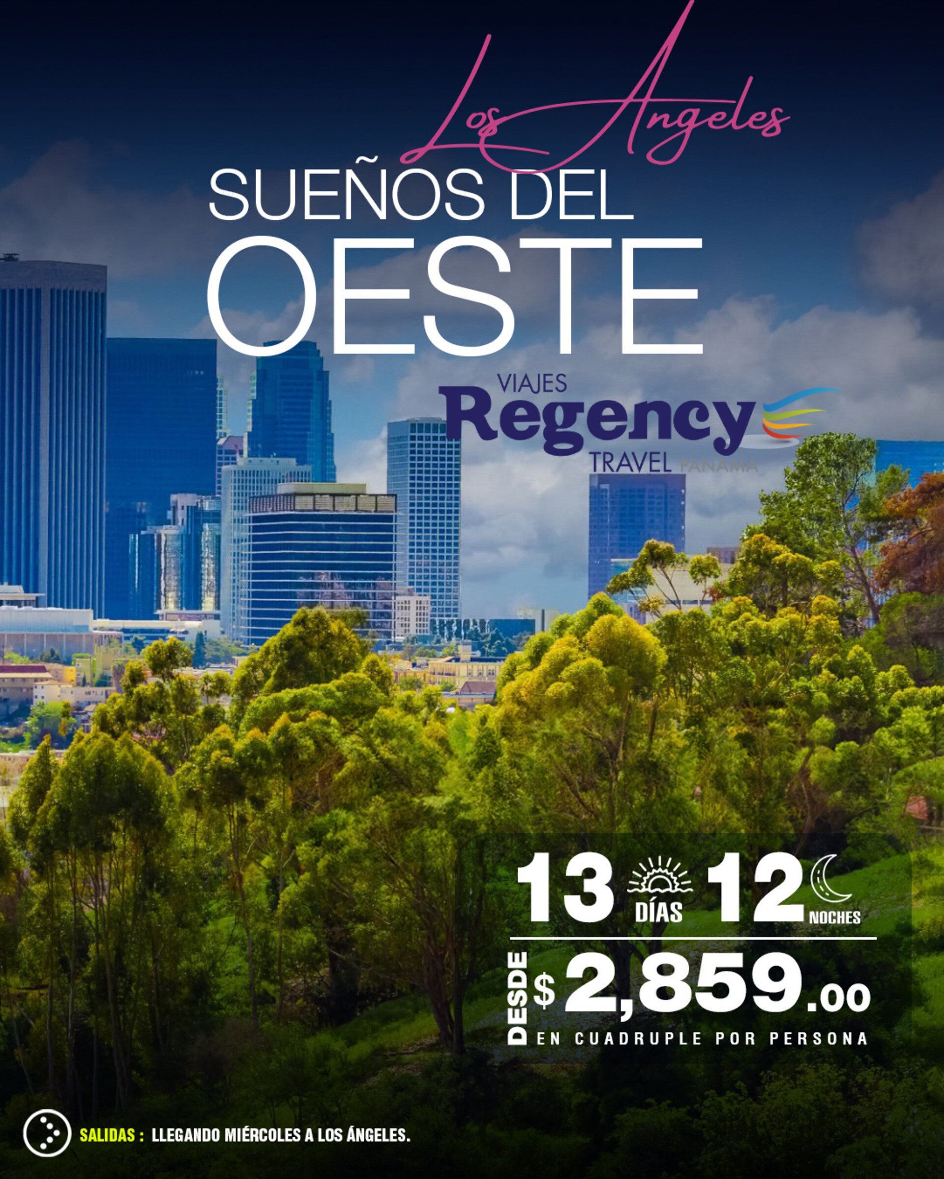 Un cartel de Los Ángeles muestra el horizonte de una ciudad con árboles en primer plano.