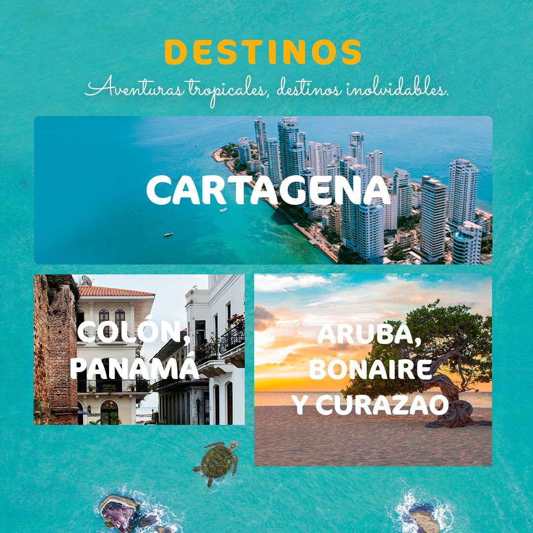 A poster for destinos cartagena colon panama aruba bonaire y curazao
