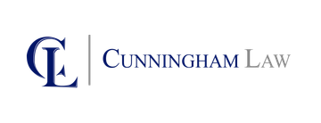 A blue and white logo for cunningham law