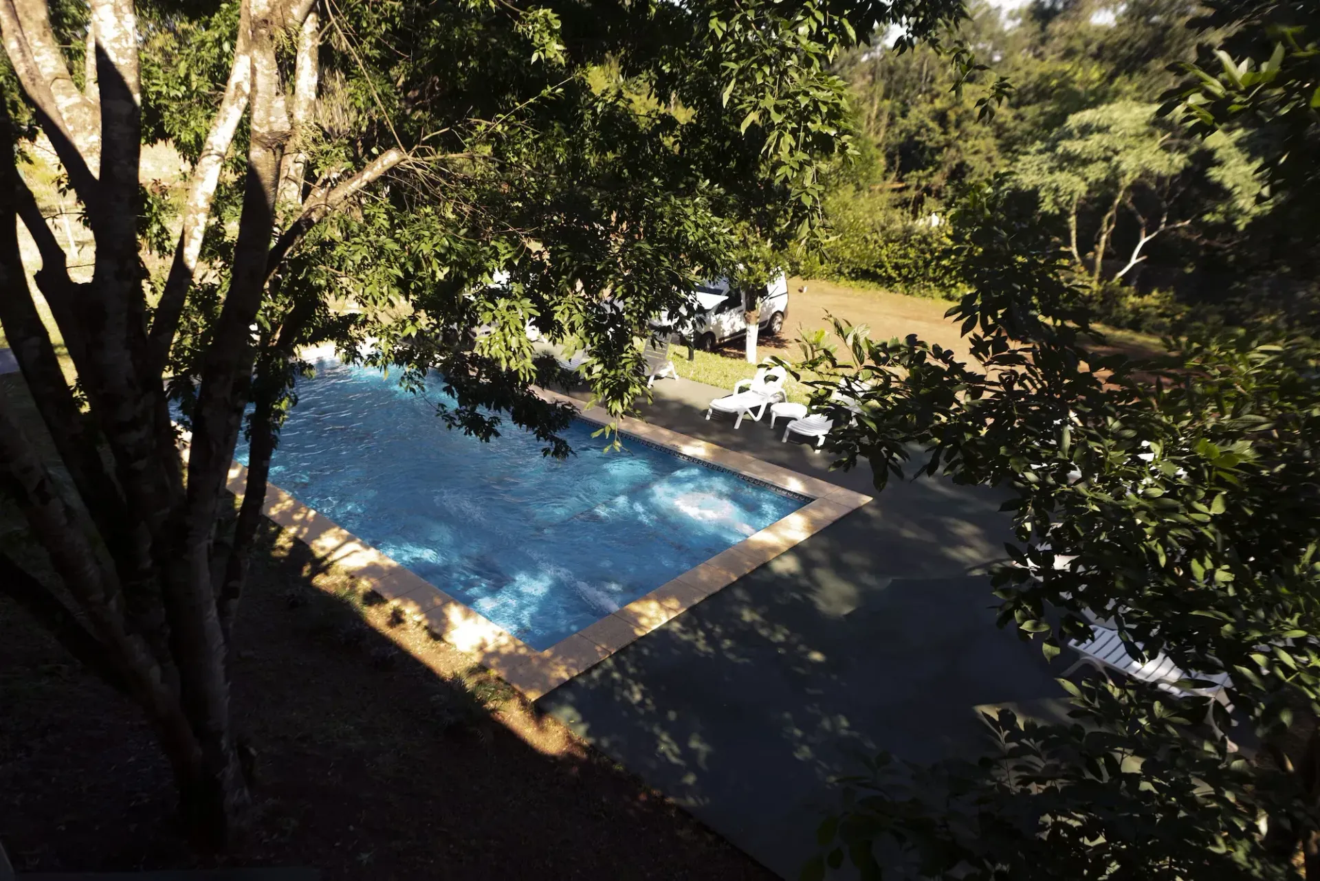An aerial view of a large swimming pool surrounded by trees