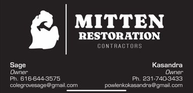 Black business card with white text: "MITTEN RESTORATION CONTRACTORS". Names and contact info are listed.