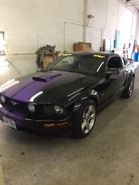Black Ford Mustang with purple racing stripes in a garage.