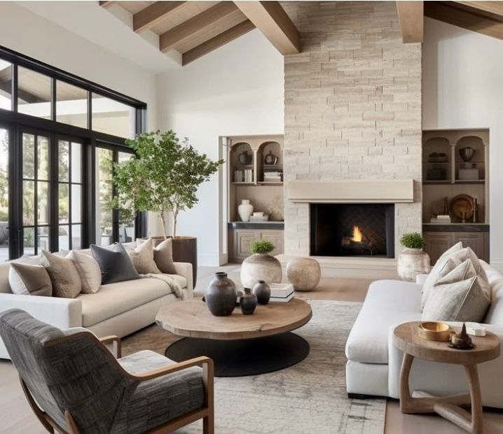 Spacious living room with fireplace, neutral colors, large windows, light wood beams, and modern furniture.