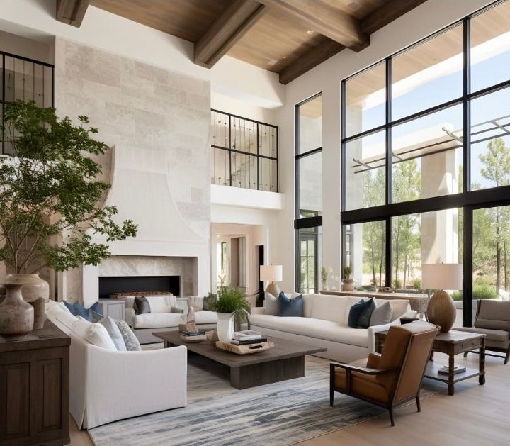 Spacious living room with large windows, fireplace, and neutral decor.