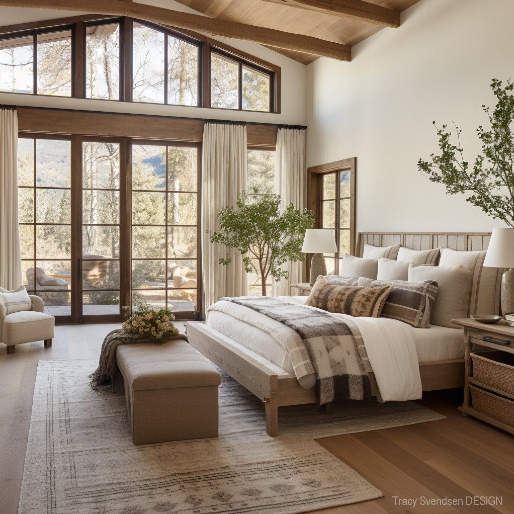 Spacious bedroom with light wood bed, large windows overlooking trees, and neutral tones.
