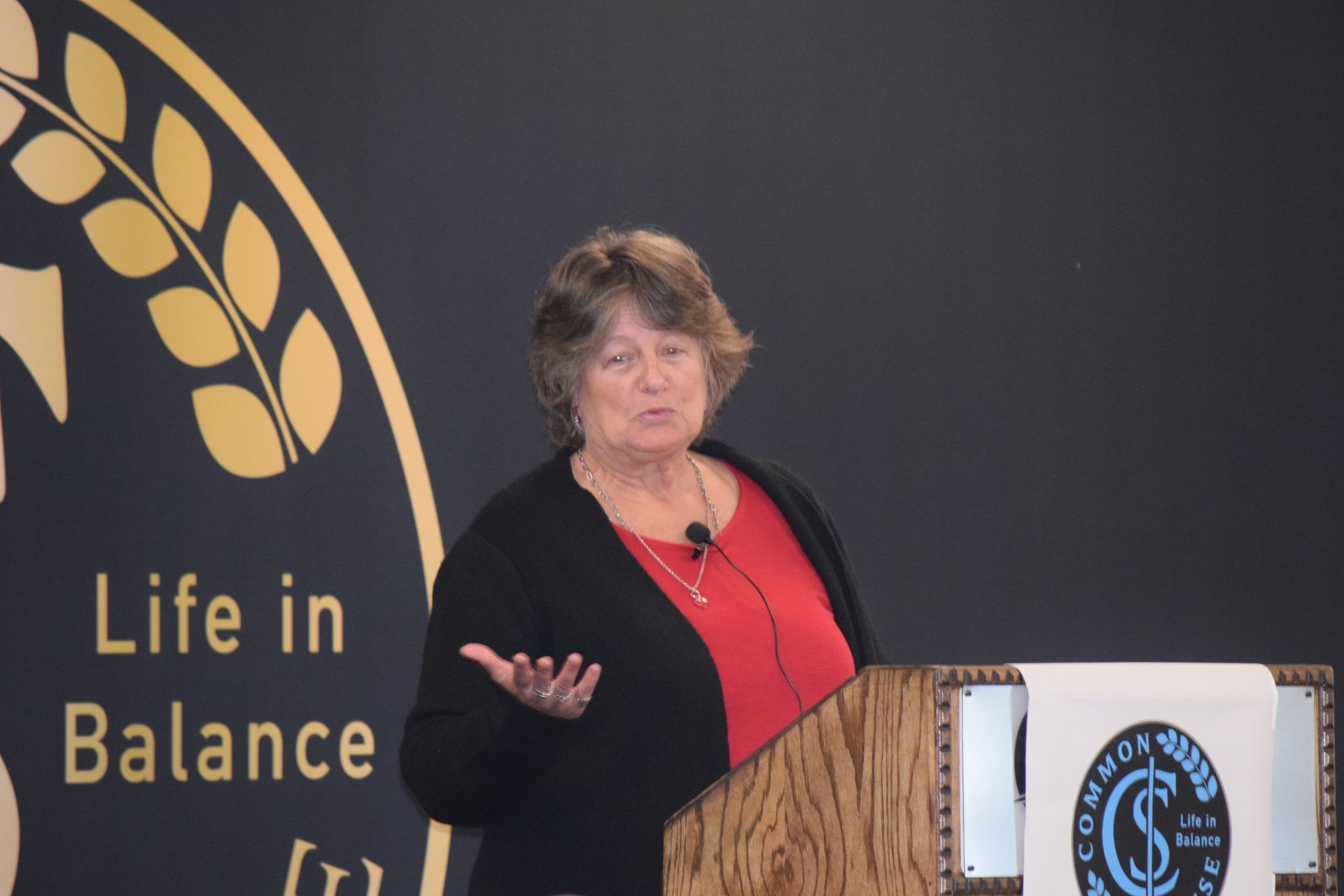 A woman stands at a podium in front of a sign that says life in balance