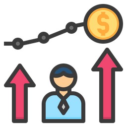 A man in a suit and tie is surrounded by arrows pointing up and a dollar sign.