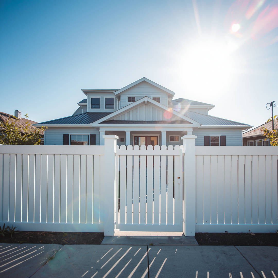 White house behind a tall white fence under bright sun with lens flare