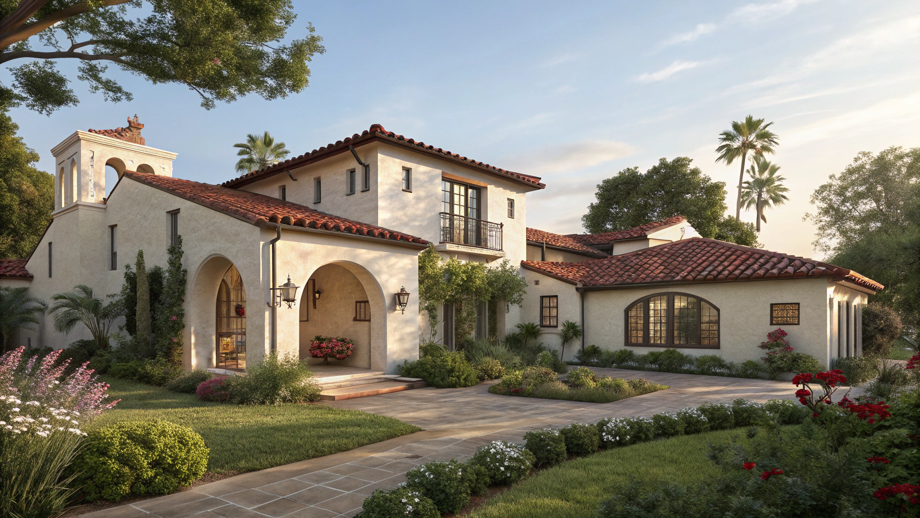 Blue house with white trim, green lawn, and blue sky.