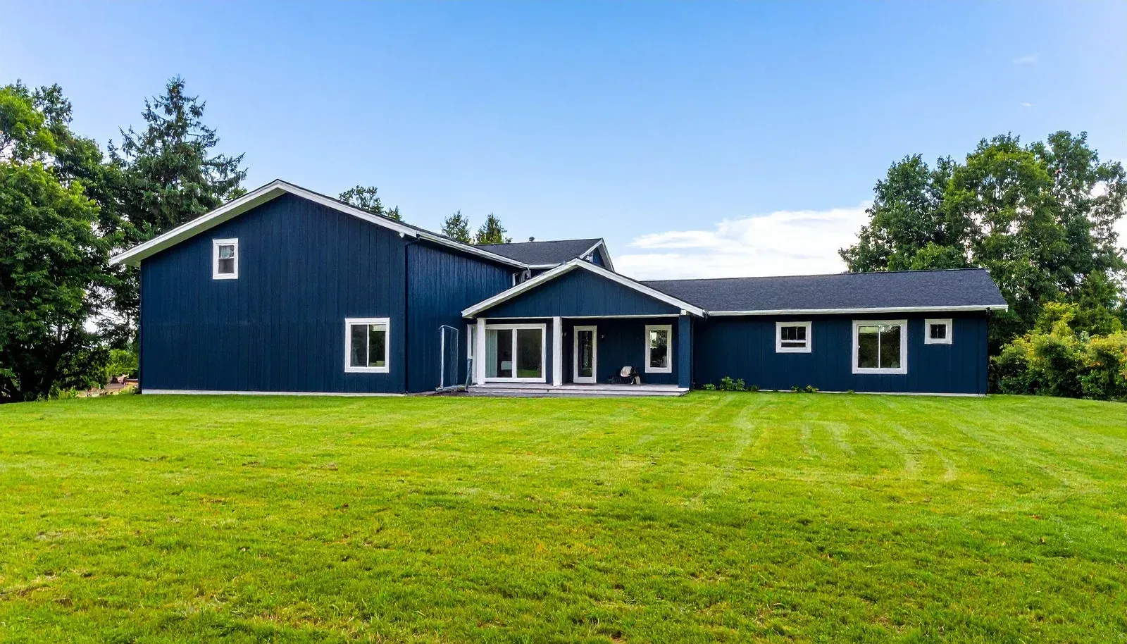 Blue house with white trim, green lawn, and blue sky.