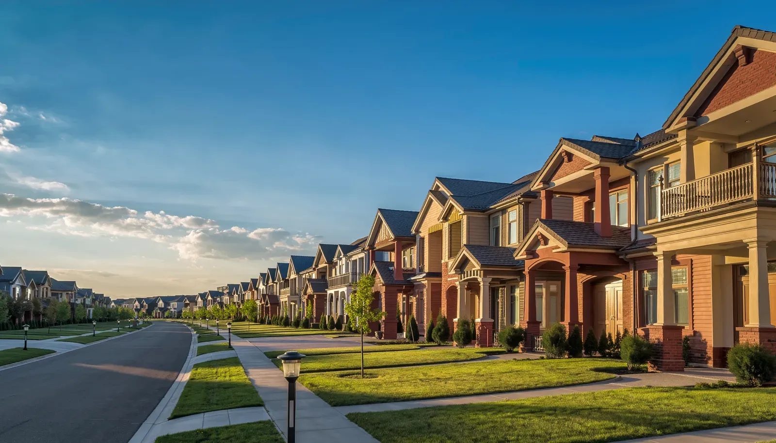 Row of houses along a street with green lawns and a clear blue sky.