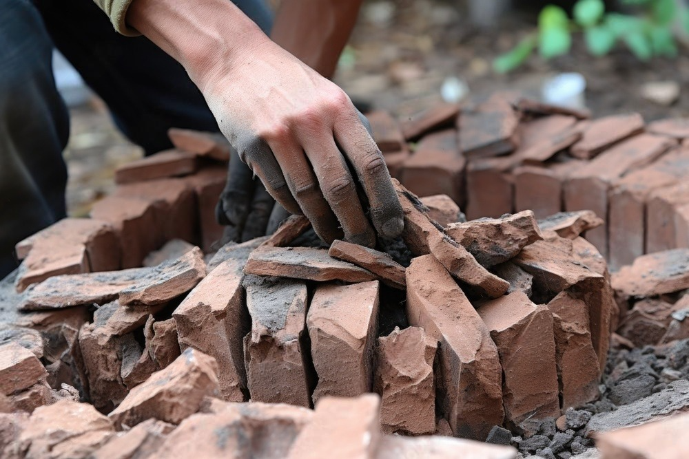 a person is working on a pile of bricks with their hands